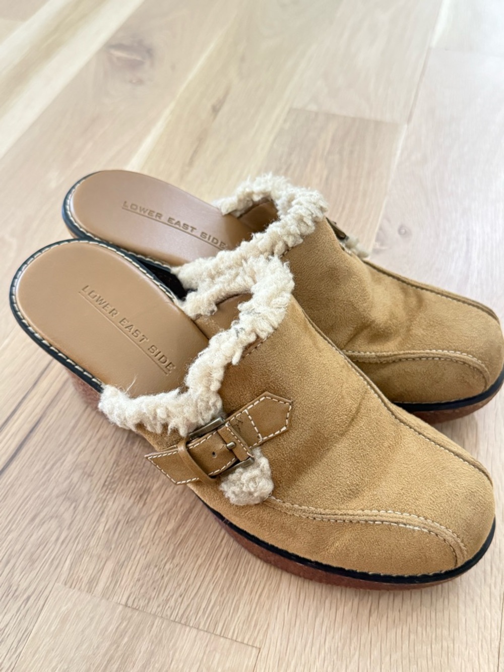 90s Y2K Style LOWER EAST SIDE Tan Suede Shearling-Trim Clogs with Buckle